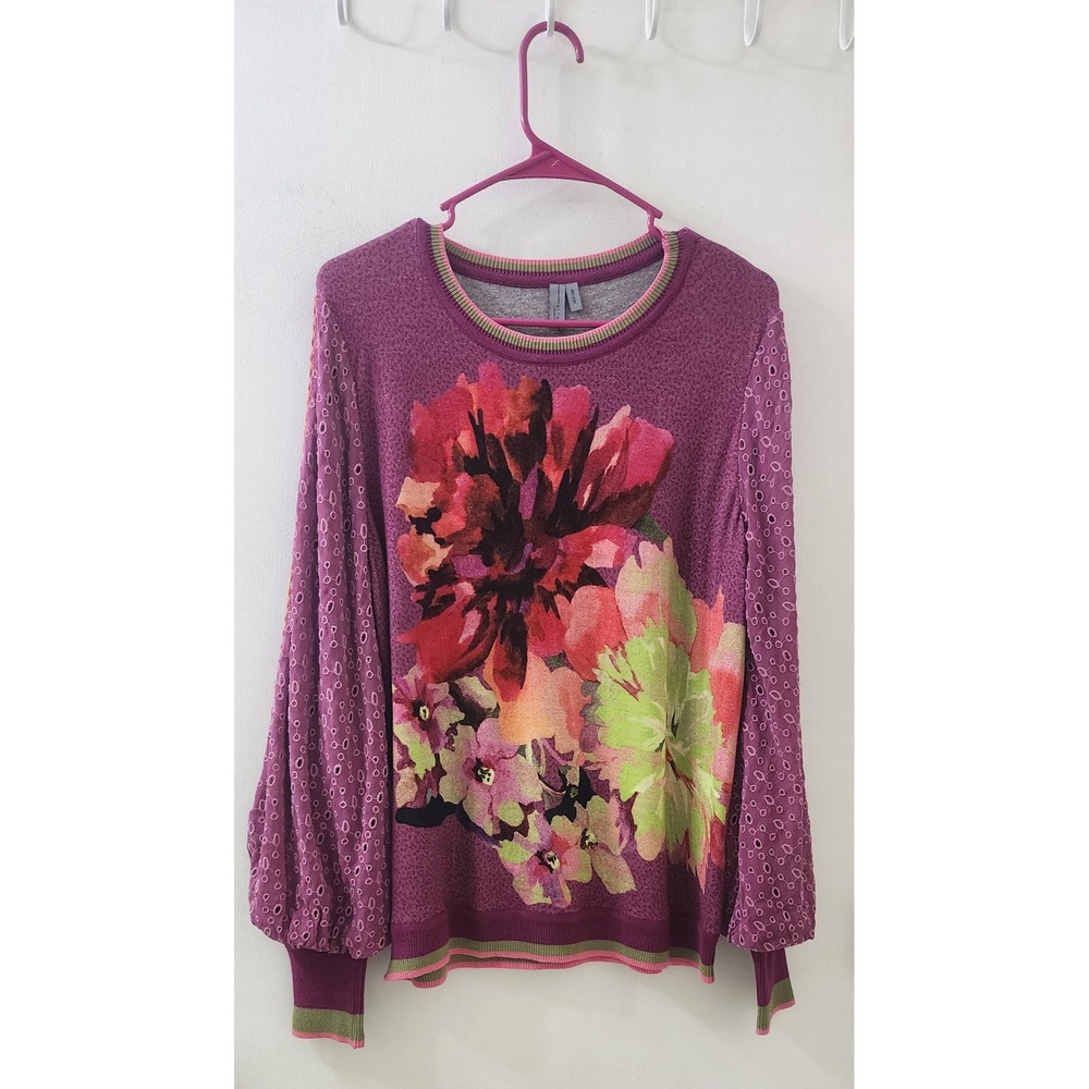 Blank London Floral Eyelet Lace Balloon Sleeve Knit Top Purple Womens Medium